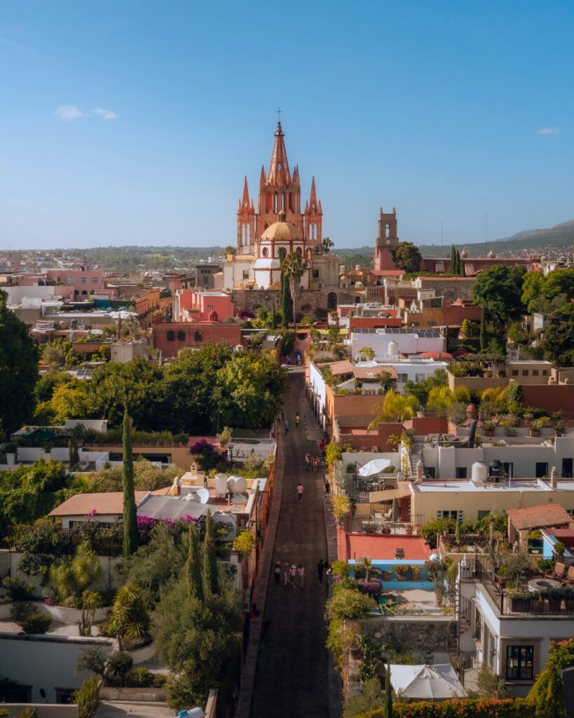 Discover San Miguel de Allende's stunning architecture and vibrant urban scene from above.